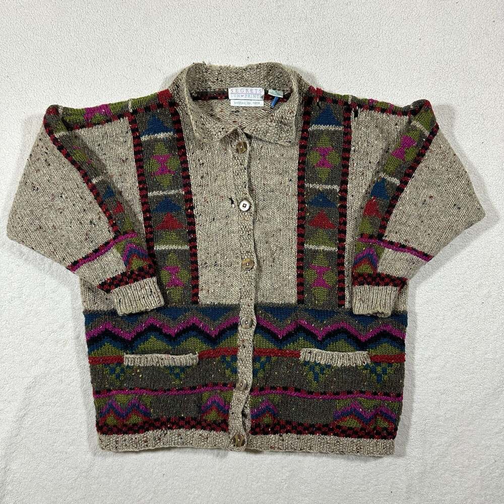 Vintage Secrets Sun Prints 100% Wool Cardigan Sweater Hand Knit Isle Geometric